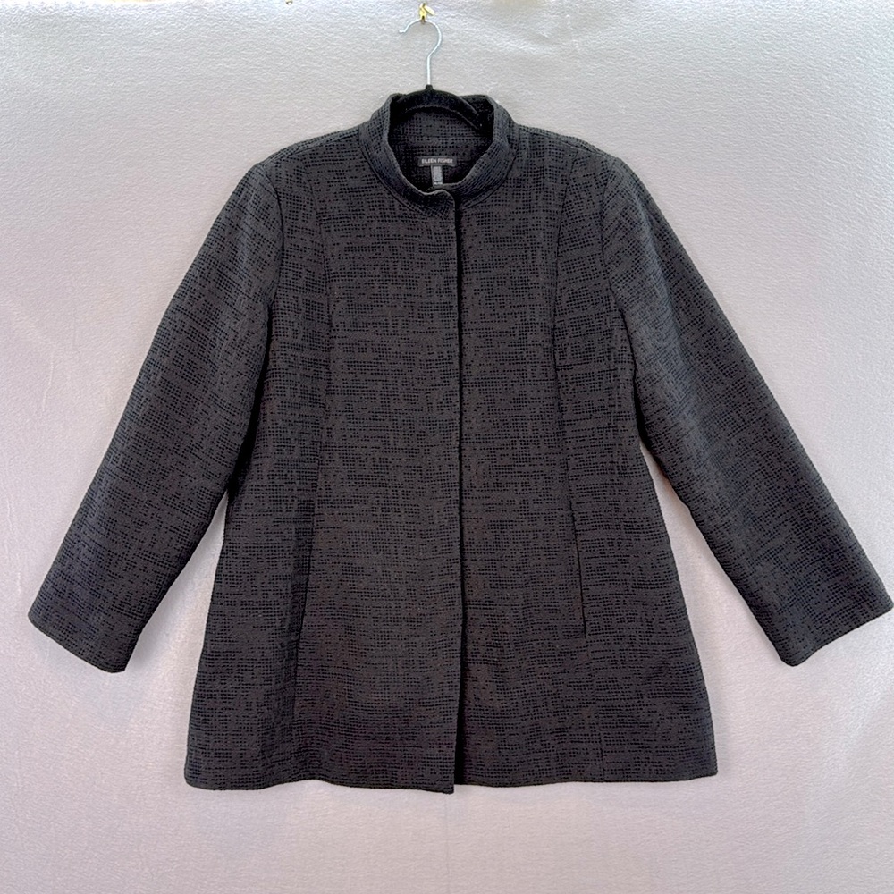 Eileen Fisher -women’s organic cotton blend black textured long topper jacket XL